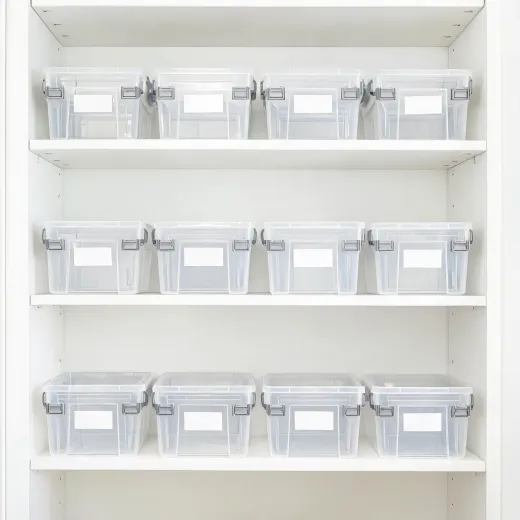 Clear storage bins on shelving