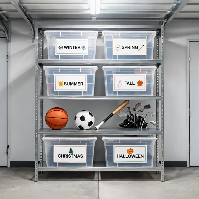 Garage totes stacked by season