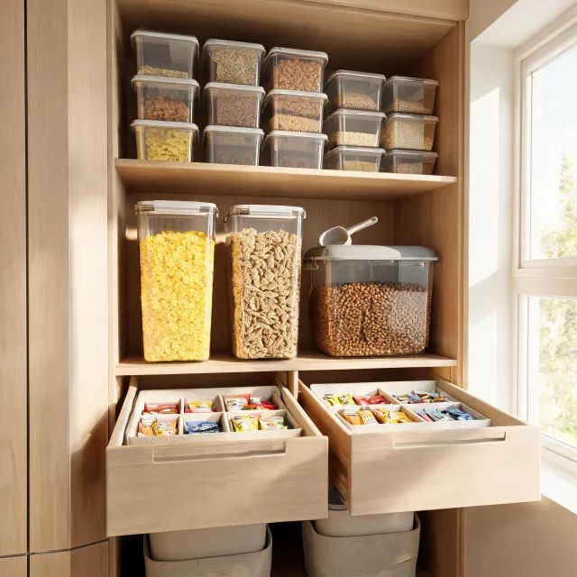 Pantry bins and pet food container