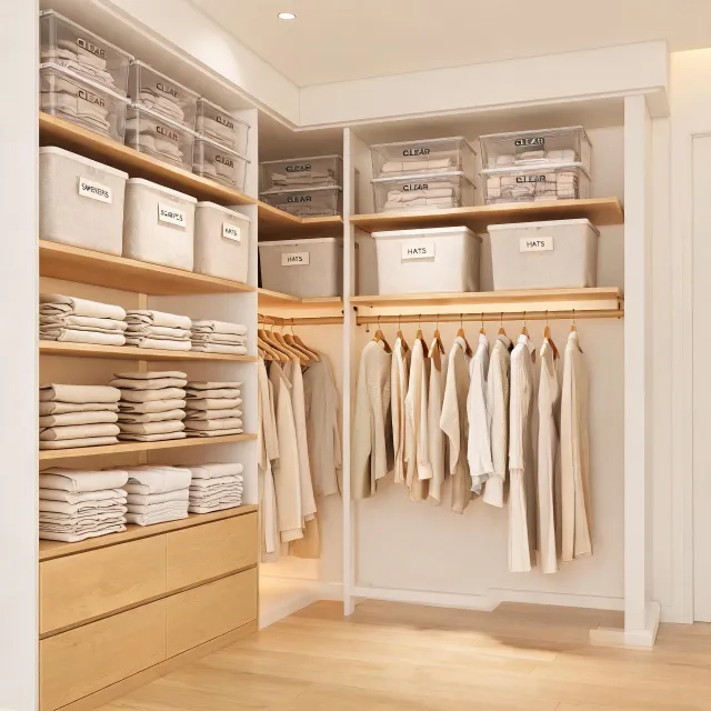 Organized closet with clear bins