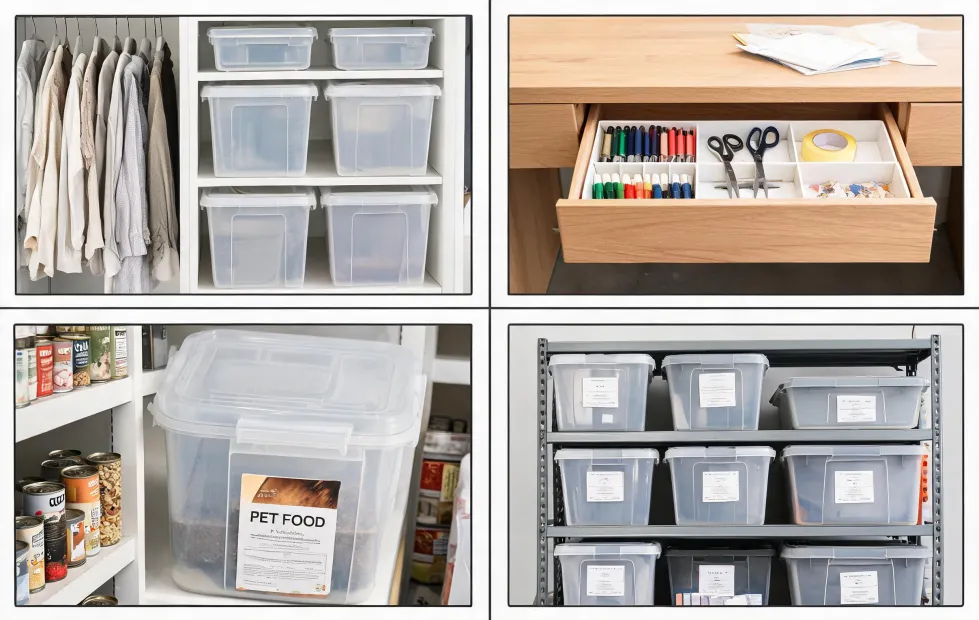 Four organized spaces showing bins drawers pet storage and garage totes