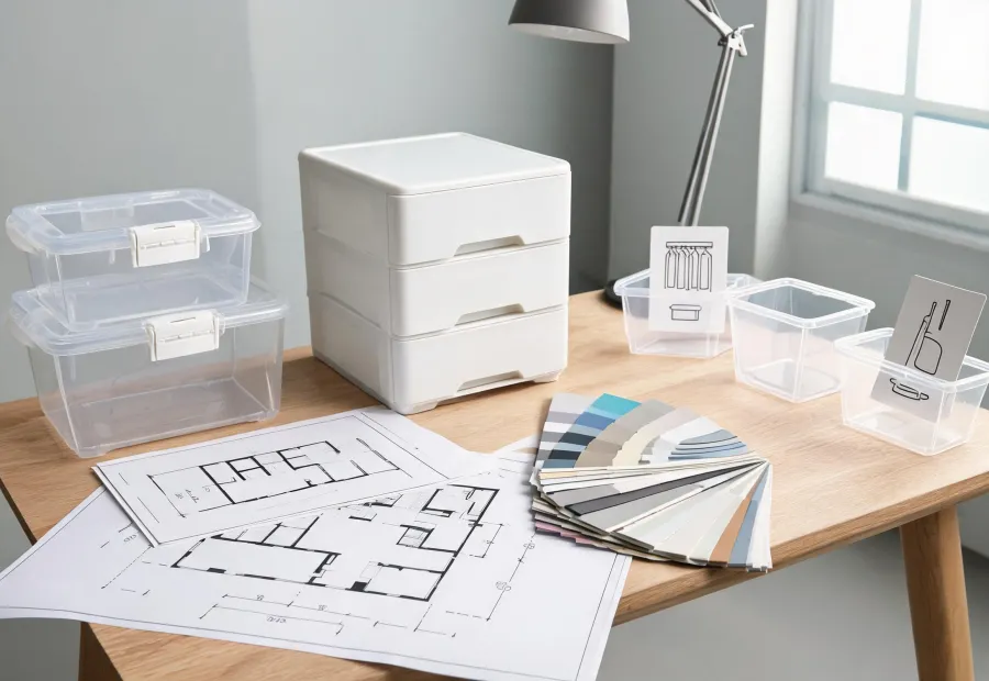 Storage planning table with bins and room measurements